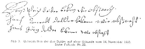 Schriftstück unterschrieben von Hans Ulrich Dolder, Hans Konrad Dolder und Hans Georg Dolder